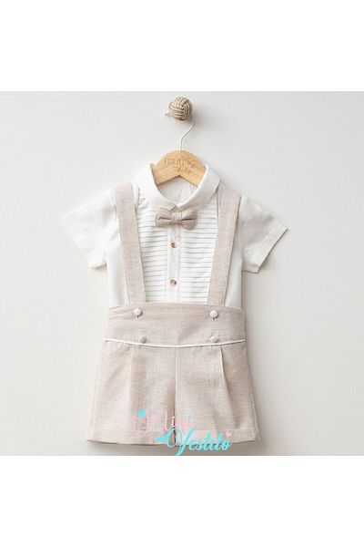 MiniVestito Noble Tiny Ribbed Bow Tie Linen Salopet Set