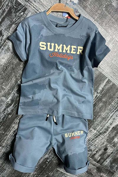 Riccotarz Set de pantaloni scurți albaștri cu buzunar și frânghie imprimate cu litere de vară pentru băiat