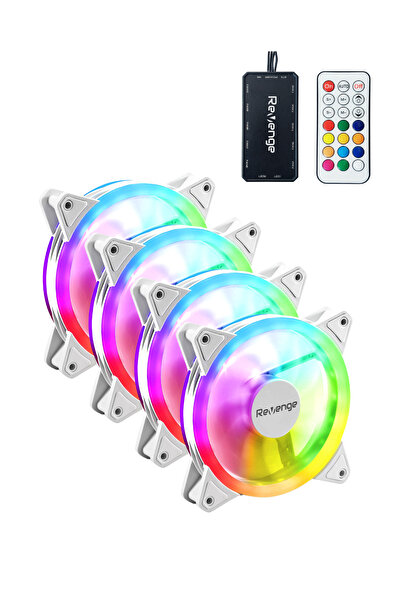 Revenge RV400 4in1 مجموعة مراوح RGB بيضاء مقاس 12 سم يتم التحكم فيها عن بعد بما في ذلك وحدة تحكم المروحة ومروحة حافظة 120 مم مكونة من 4 قطع