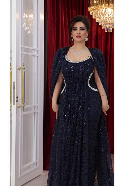 NHMODA Pul Payetli Dökümlü Şifon Kumaş Taş İşlemeli Kare Yaka Drapeli 2`li Abiye