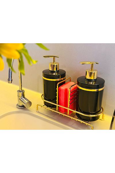 Makri Set of 2 Liquid Soap Dispensers with Gold Color Detail, Sponge Holder and Stand