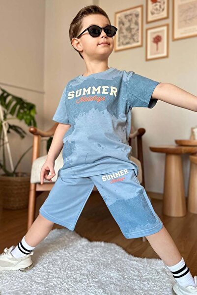 Riccotarz Хлопчачий літній комплект з принтом, кишенями та шнурками, сині шорти