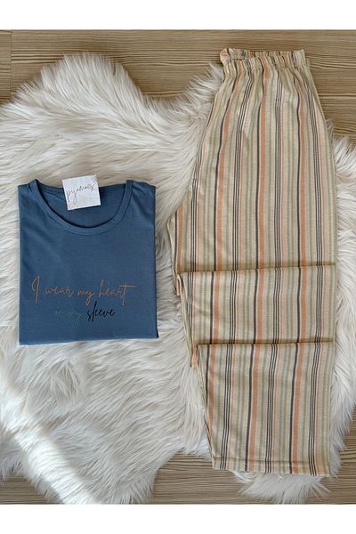 Pijamacs Set de pijamale tricotate cu mânecă lungă din bumbac cu dungi albastre de mărime mare