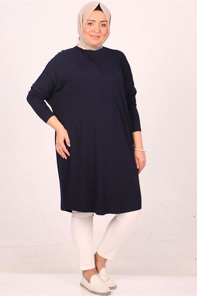 Moda Rosa 25Y28092 - Dark Blue - Large Size Low Sleeve Combed Cotton Tunic