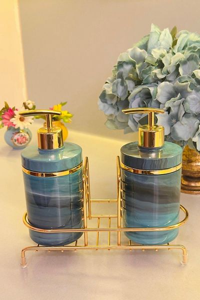 Makri Set of 2 Liquid Soap Dispensers with Gold Color Detail, Sponge Holder and Stand