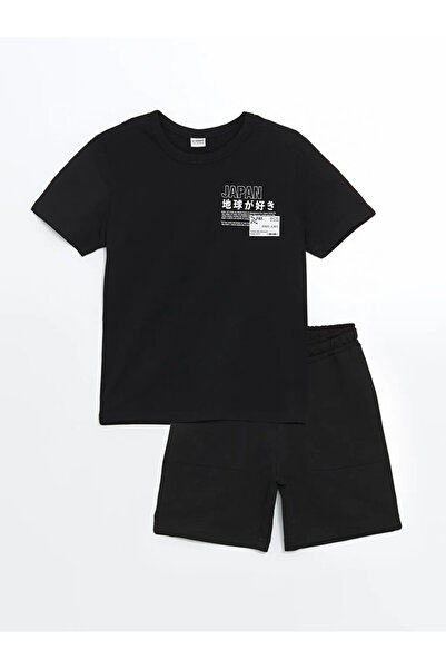 LC Waikiki LCW Kids Black Japan εμπριμέ μπλουζάκι και σορτς για αγόρια 2 τεμ