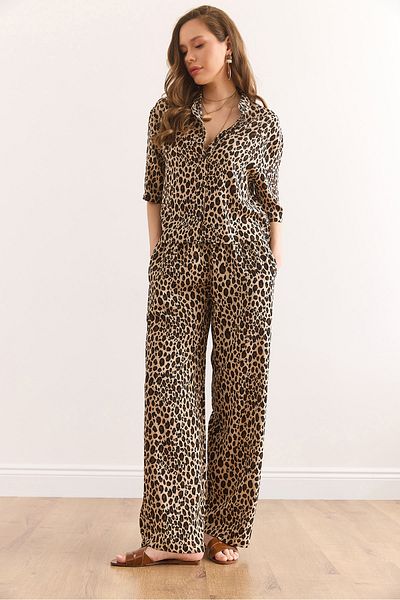 Olalook Women's Leopard Camel Top Shirt Bottom Pocket Pants Viscose Suit Tkm- 19000377