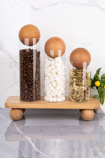 MODA OZY Set of 3 Wooden Ball Lid Glass Jars with Stand, Sugar Bowl, Snack Bowl, Spice Rack and Storage Container