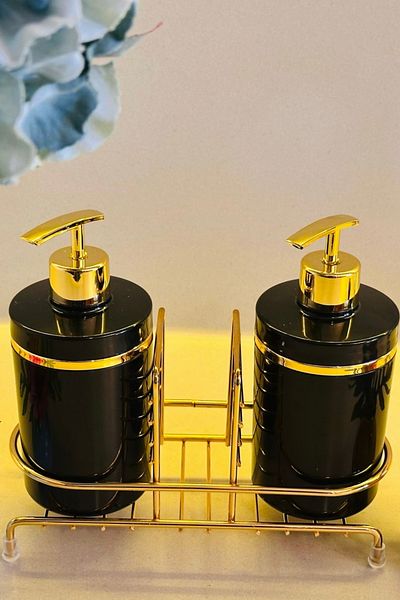 Makri Set of 2 Liquid Soap Dispensers with Gold Color Detail, Sponge Holder and Stand