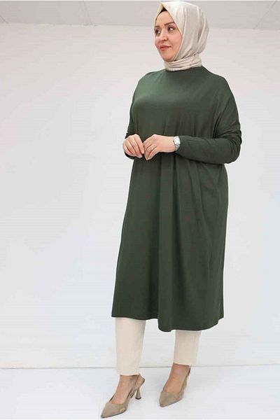 Moda Rosa 25Y28092 - Khaki - Large Size Low Sleeve Combed Cotton Tunic