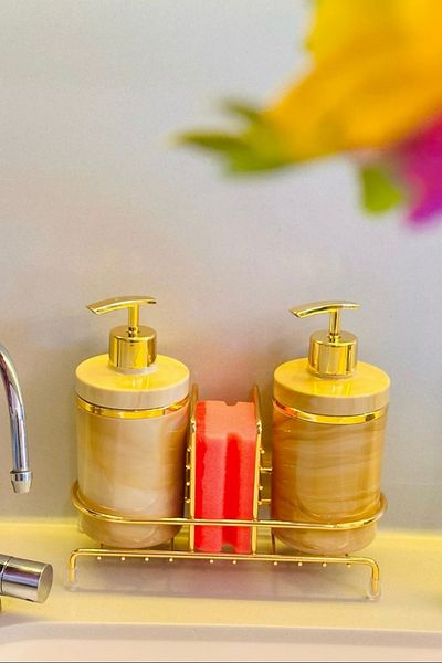 Makri Set of 2 Liquid Soap Dispensers with Gold Color Detail, Sponge Holder and Stand
