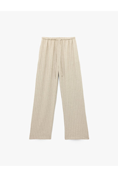 Koton Lace-Up Waist Linen Blended Comfortable Fit Striped Wide Leg Pants