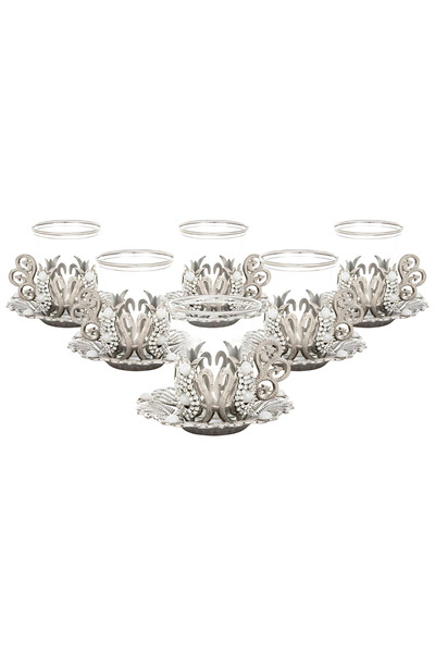 Yaren Style Osmanlı Lale Dekorlu Taşlı ve Boncuklu Altılı Kuplu Çay Bardak Seti