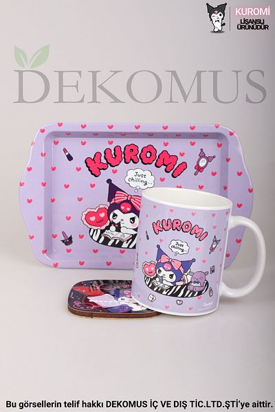 kuromi SEZON NOU LICENȚAT DEKOMUS KUROMI MINI TAVĂ DE METAL, CUPA PORSELENĂ CU PAD 3 BUC.