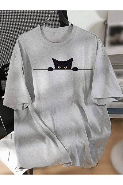 WOODROFFE Χαριτωμένο μπλουζάκι με στάμπα με χαριτωμένη γάτα και φεγγάρι, υπερμεγέθη Casual Boyfriend 5