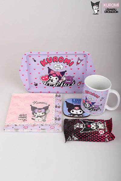 kuromi مع DEKOMUS مرخص للموسم الجديد، صينية معدنية KUROMI، كوب بورسلين، قاعدة أكواب، مناديل مبللة وحجاب