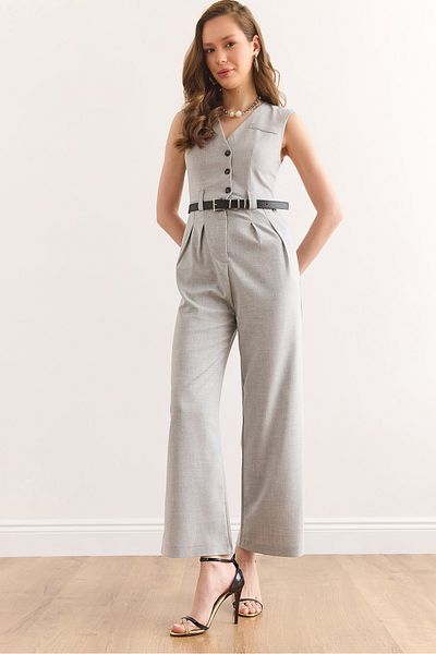 Olalook Women's Gray Pocket Belted Buttoned Polyviscon Jumpsuit Tlm-19000158