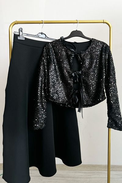Bold Grup Women's Sequined Ribbon Scuba Skirt Jacket Double Set