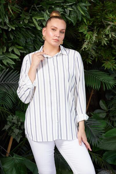 Genel Markalar Çizgili Büyük Beden İndigo Gömlek