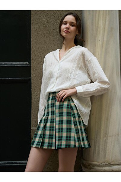 Juste Ekose Desen Pileli Mini Etek Yeşil