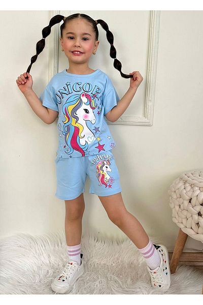 Yağmur Giyim Pjkskt Unicorn Patterned Blue Shorts Short Sleeve Suit for Girls 7556-m