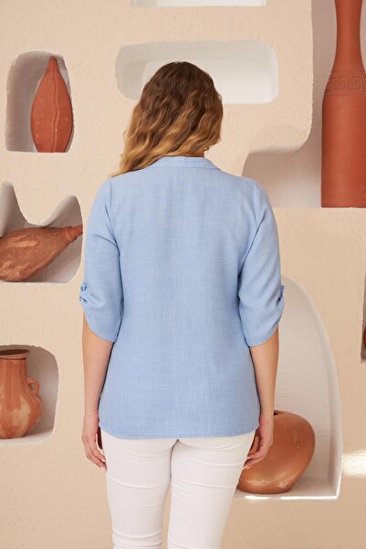 Imagine Giyim Large Size Baby Blue Shirt with Pocket Cover Stone Detail