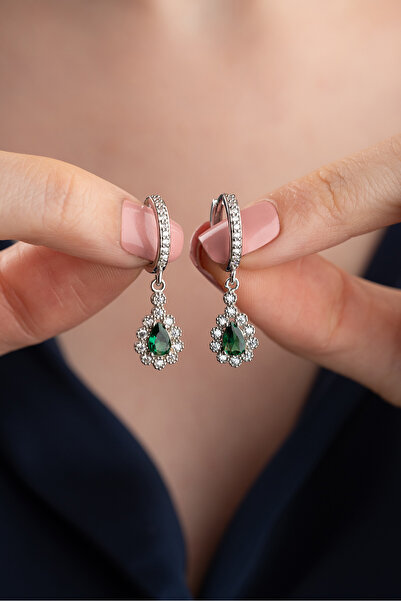 Silvano Jewelry 925 Ayar Gümüş Zümrüt Yeşil Damla Küpe
