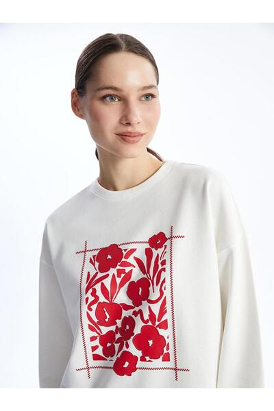 LC Waikiki Γυναικείο μακρυμάνικο φούτερ τουνίκ σε χρώμα εκρού με στάμπα και λ...