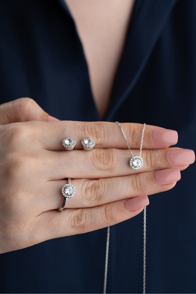 Silvano Jewelry 925 Ayar Gümüş Tektaş Takı Seti