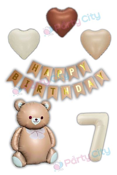 Party City 7 Year Old Big Bear Balloon Themed Birthday Celebration Set with Bow Tie - Heart Balloon-Happy Birthday