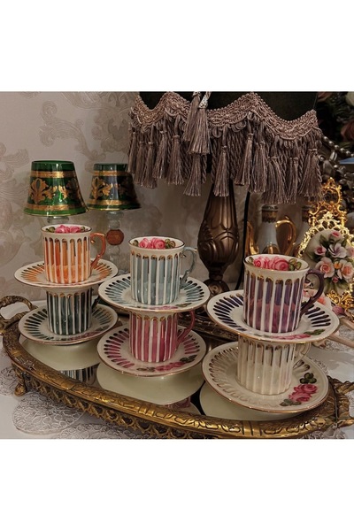 hediye Esterhomedecor 6 Seater Hand Painted Porcelain Coffee Cup Set
