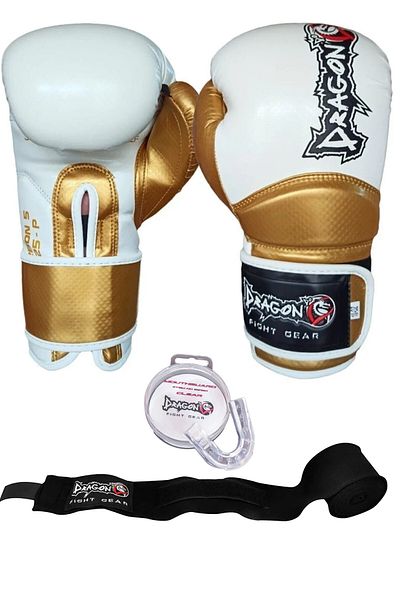 Dragondo Carbon 5 Black-Gold Color Boxing Gloves 10 Oz, Bandage Black Color and Mouthguard Set of 3