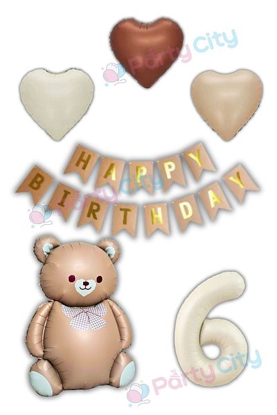 Party City 6 Year Old Big Bear Balloon Themed Birthday Celebration Set with Bow Tie - Heart Balloon-Happy Birthday