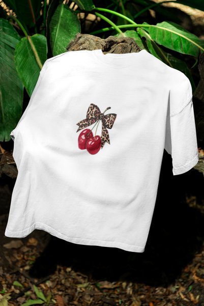 MG Leopard Cherry Printed Women's Crew Neck Cotton Oversize Short Sleeve T-Shirt