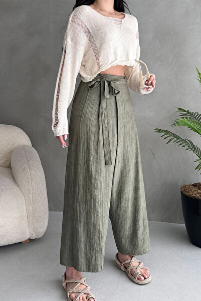 Genel Markalar Kadın Keten Pantolon, Yüksek Bel Bol Paça Salaş Anvelop Bağlam...