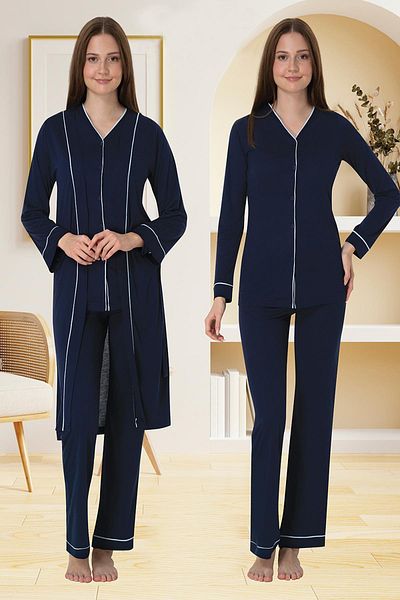 CT MODA Women's Navy Blue Design Front Buttoned Summer Cotton Maternity Maternity Dressing Gown, Pajama Set Set