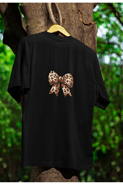 MG LEOPAR FİYONK BASKILI KADIN BİSİKLET YAKA PAMUKLU OVERSIZE KALIP KISA KOLL...