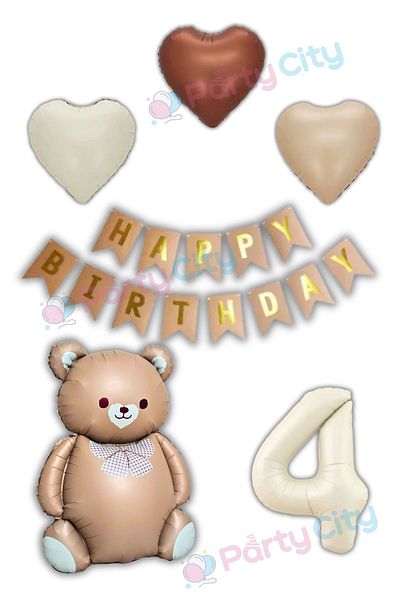 Party City 4 Year Old Big Bear Balloon Themed Birthday Celebration Set with Bow Tie - Heart Balloon-Happy Birthday