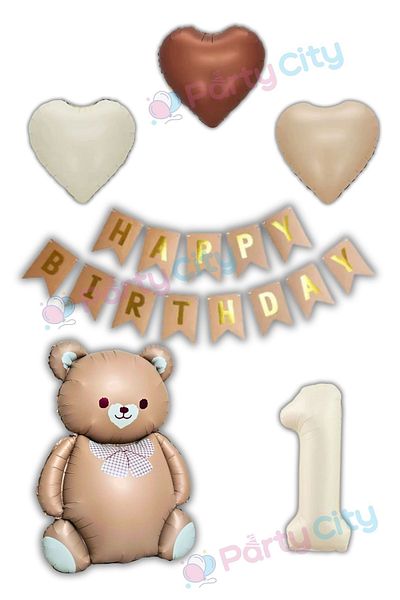 Party City 1 Year Old Big Bear Balloon Themed Birthday Celebration Set with Bow Tie - Heart Balloon-Happy Birthday