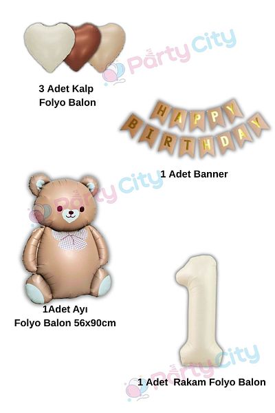 Party City 1 Year Old Big Bear Balloon Themed Birthday Celebration Set with Bow Tie - Heart Balloon-Happy Birthday