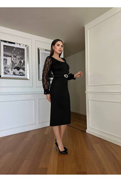 Genel Markalar İnci ve Taş Detaylı Tül Kol Kare Yaka Midi Davet Elbisesi