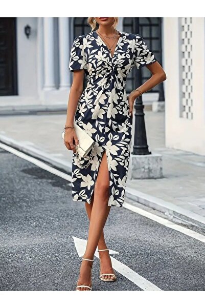 Monapera Short Sleeve Floral Patterned Atlas Fabric Midi Dress