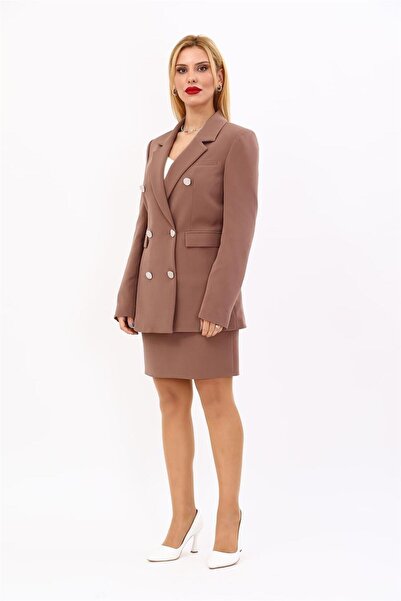 ÖNDER ÖZSOY Men's Collared Blazer Jacket & Slit Straight Slim Skirt - Brown -...