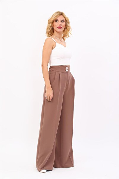 ÖNDER ÖZSOY Korsaj Kemer Yüksek Bel Palazzo Pantolon-Kahve
