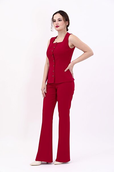 ÖNDER ÖZSOY Kare Yaka Kuplu Yelek & İspanyol Paça Pantolon-Kırmızı