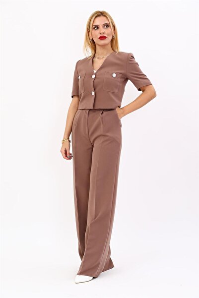 ÖNDER ÖZSOY V-Neck Short Jacket & Corset Belt Palazzo Trousers - Brown - 1052522