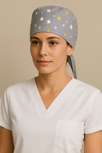 GTB BUTİK Gri mini yıldız desenli doktor hemşire aşçı bonesi unisex