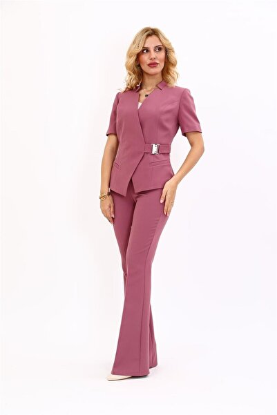 ÖNDER ÖZSOY Hakim Yaka Yandan Tokalı Çapraz Ceket & İspanyol Paça Pantolon-Rose