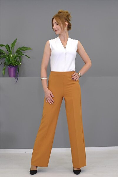 ÖNDER ÖZSOY Beli Lastikli Fermuarlı Boru Paça Pantolon - Taba