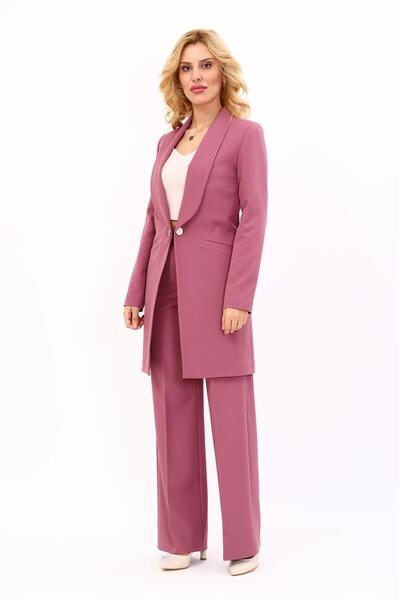 ÖNDER ÖZSOY Shawl Collar Pocketed Long Jacket & Wide Leg Trousers-Rose - 1004520